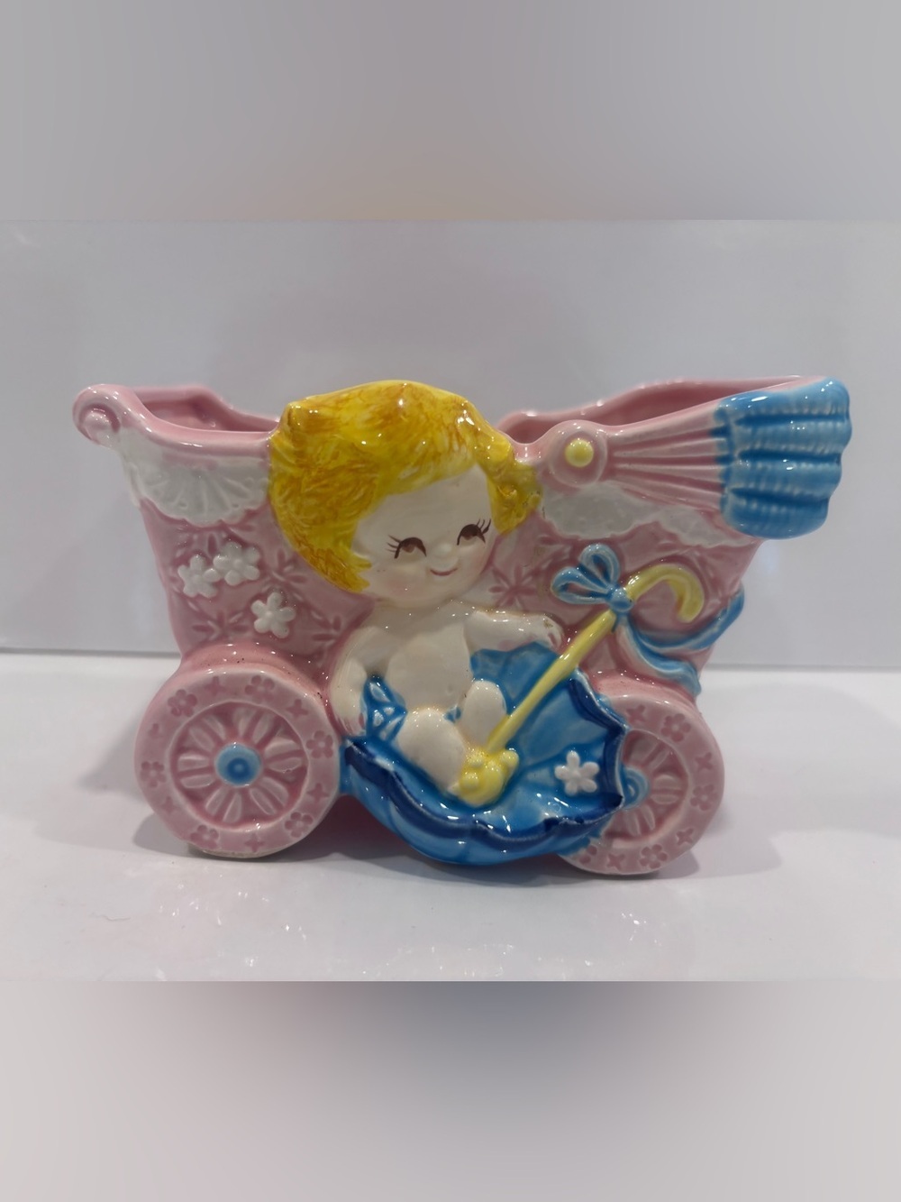 Vintage Japan ceramic baby buggy planter-mid century- decoration